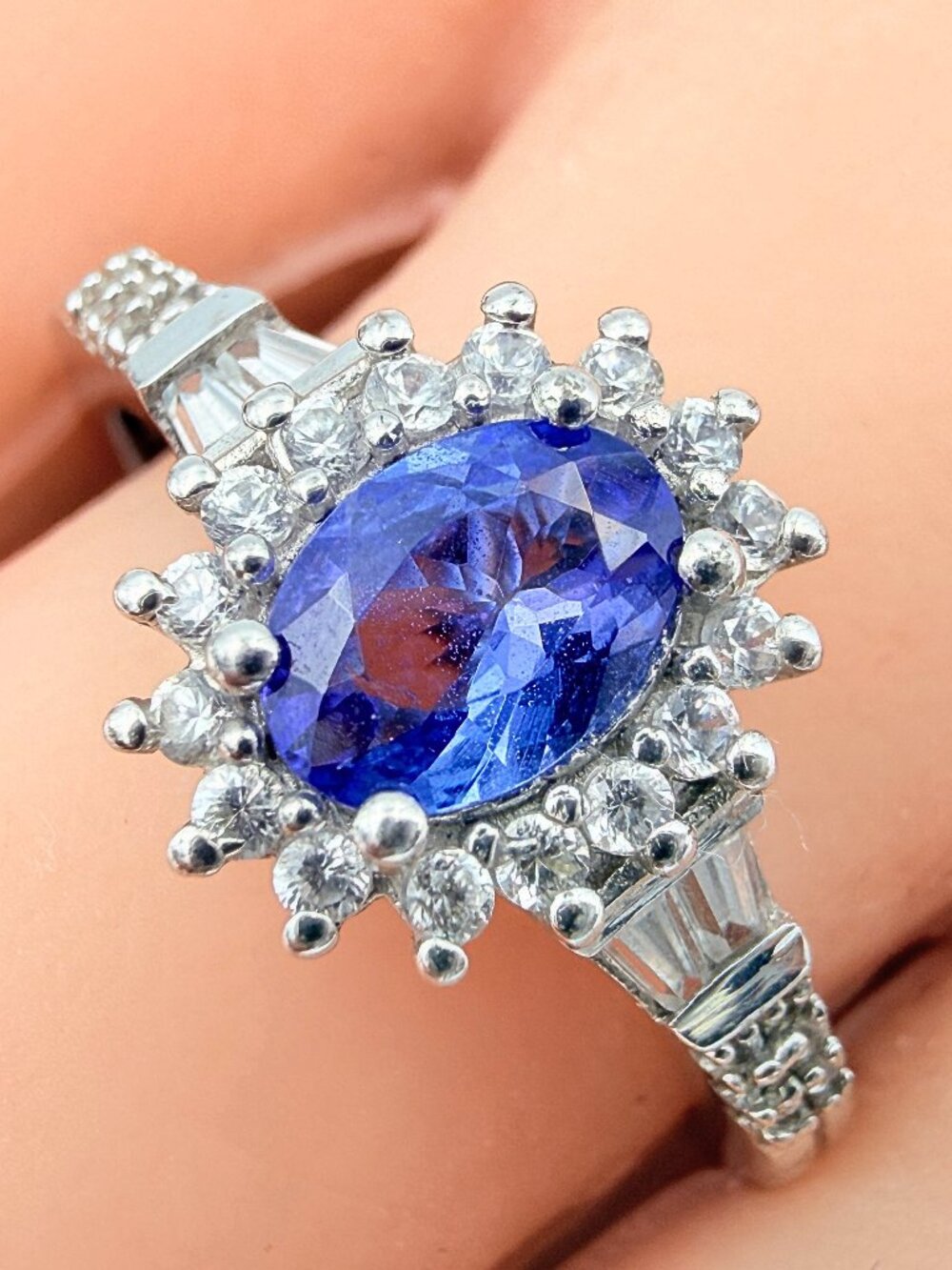 Brilliant D'Joy Sterling Silver Purple Tourmaline CZ Sunburst Halo Ring Sz 8.75